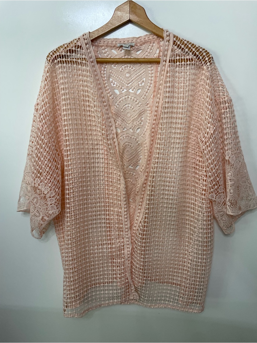 Peachy Pink Crochet Lace Open-Front Kimono Cardigan Swim Coverup Womens 18/20W